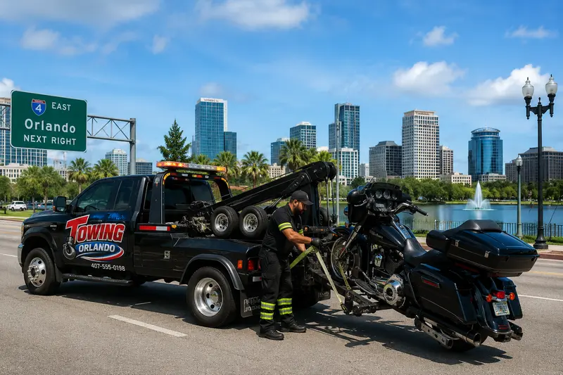 Wrecker towing a motorcycle in Orlando