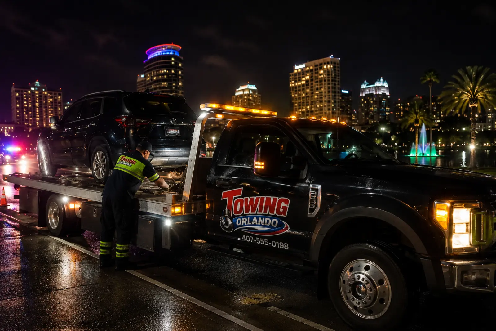 Towing Orlando flatbed tow truck loading a vehicle at night with the downtown Orlando skyline behind