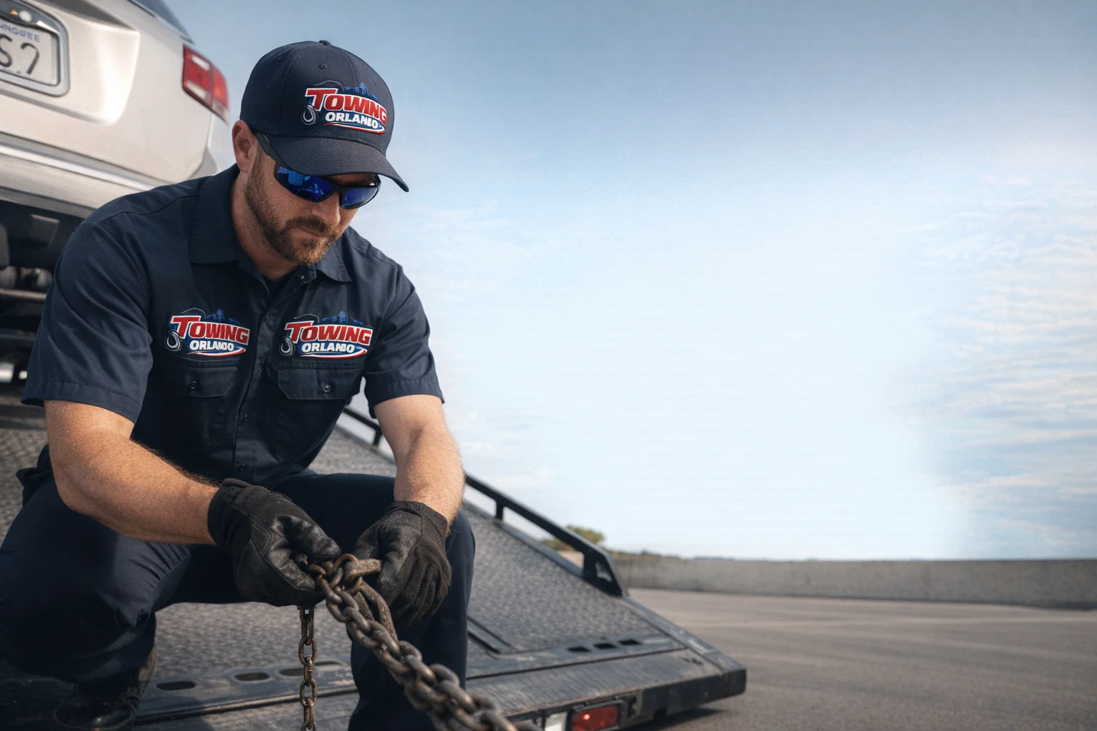 Towing Orlando operator securing a vehicle